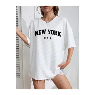 New York Baskılı Oversize Bisiklet Yaka T-shirt - Beyaz