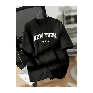New York Baskılı Oversize Bisiklet Yaka T-shirt - Siyah