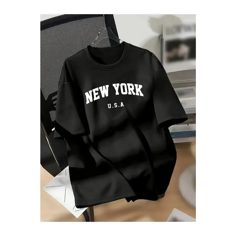 New York Baskılı Oversize Bisiklet Yaka T-shirt - Siyah