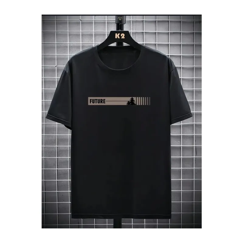 Baskılı Oversize Bisiklet Yaka T-shirt - Siyah