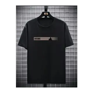 Baskılı Oversize Bisiklet Yaka T-shirt - Siyah