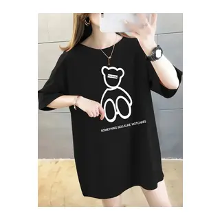 Baskılı Oversize Bisiklet Yaka T-shirt - Siyah