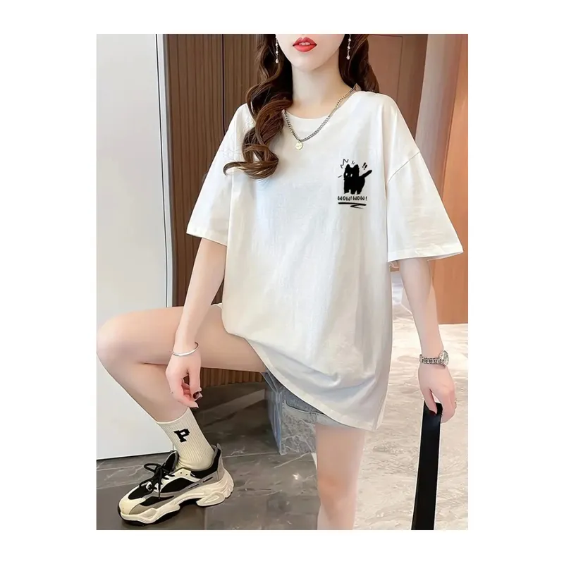 Baskılı Oversize Bisiklet Yaka T-shirt - Beyaz