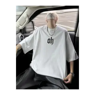 Baskılı Oversize Bisiklet Yaka T-shirt - Beyaz