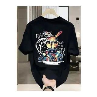 Baskılı Oversize Bisiklet Yaka T-shirt - Siyah