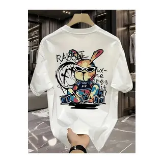 Baskılı Oversize Bisiklet Yaka T-shirt - Beyaz