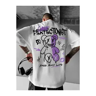Baskılı Oversize Bisiklet Yaka T-shirt - Beyaz
