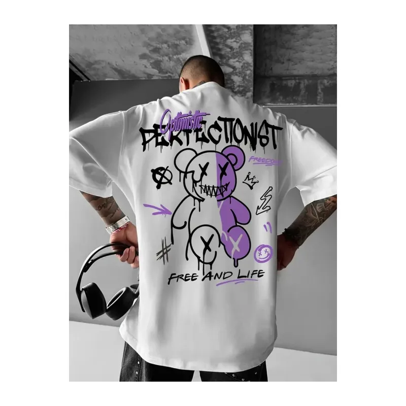 Baskılı Oversize Bisiklet Yaka T-shirt - Beyaz