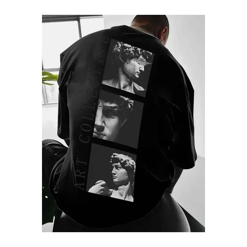 Baskılı Oversize Bisiklet Yaka T-shirt - Siyah
