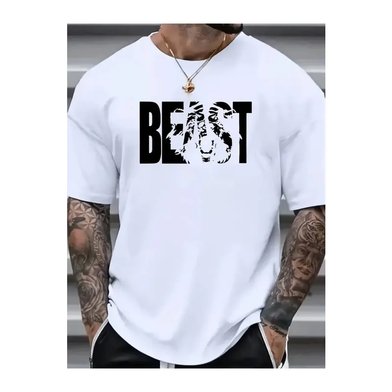 Baskılı Oversize Bisiklet Yaka T-shirt - Beyaz