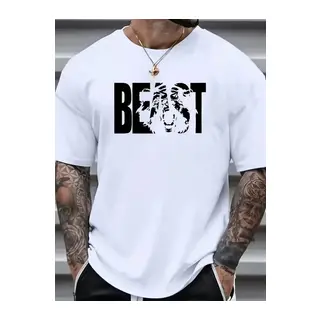 Baskılı Oversize Bisiklet Yaka T-shirt - Beyaz