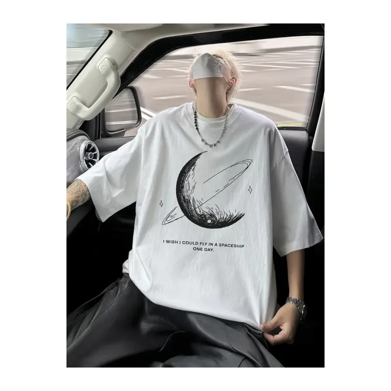 Baskılı Oversize Bisiklet Yaka T-shirt - Beyaz