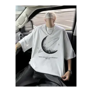 Baskılı Oversize Bisiklet Yaka T-shirt - Beyaz