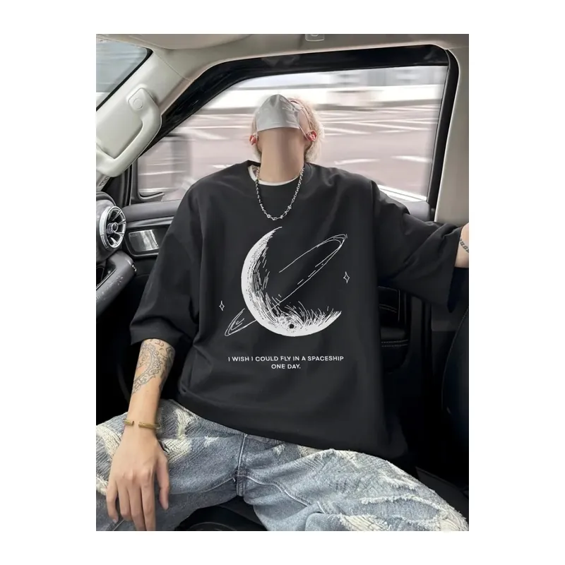 Baskılı Oversize Bisiklet Yaka T-shirt - Siyah