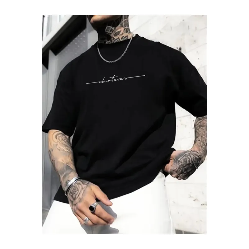 Baskılı Oversize Bisiklet Yaka T-shirt - Siyah
