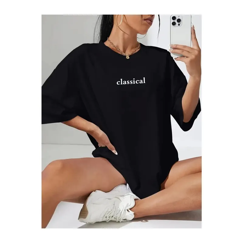 Baskılı Oversize Bisiklet Yaka T-shirt - Siyah