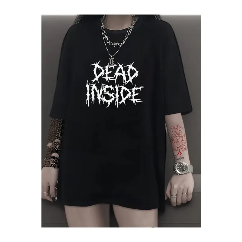 Baskılı Oversize Bisiklet Yaka T-shirt - Siyah