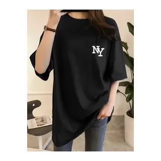 Baskılı Oversize Bisiklet Yaka T-shirt - Siyah