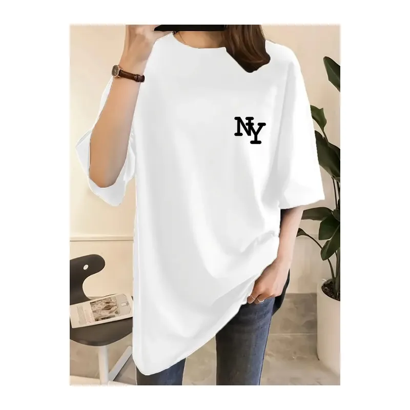 Baskılı Oversize Bisiklet Yaka T-shirt - Beyaz