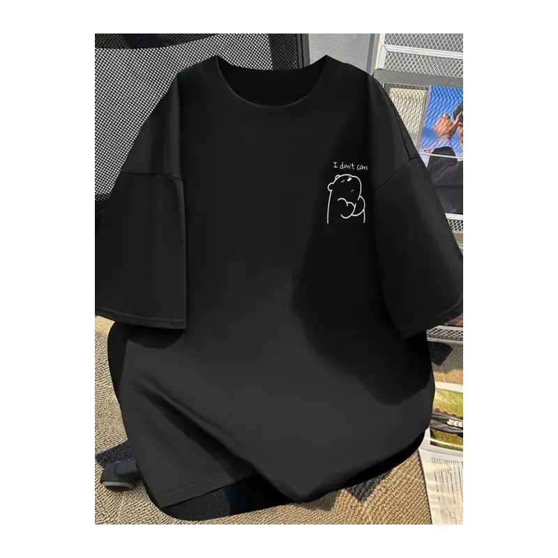 Baskılı Oversize Bisiklet Yaka T-shirt - Siyah