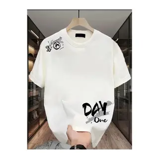 Baskılı Oversize Bisiklet Yaka T-shirt - Beyaz