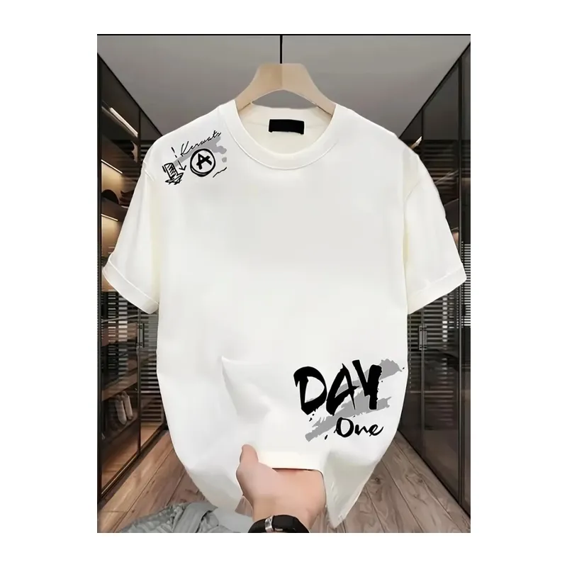 Baskılı Oversize Bisiklet Yaka T-shirt - Beyaz