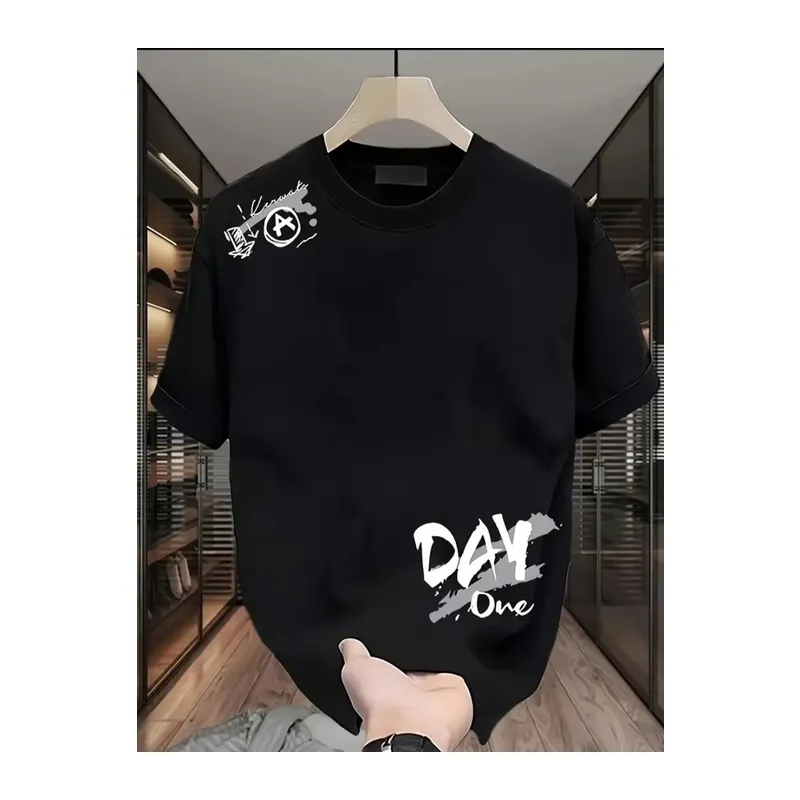 Baskılı Oversize Bisiklet Yaka T-shirt - Siyah