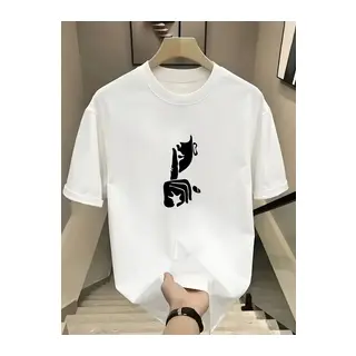 Rahat Bisiklet Yaka Tişört, Yaratıcı Karikatür Baskı - Yumuşak Polyester, Her Mevsim Giyilebilir- Beyaz
