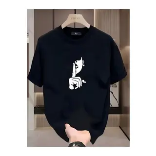 Rahat Bisiklet Yaka Tişört, Yaratıcı Karikatür Baskı - Yumuşak Polyester, Her Mevsim Giyilebilir- Siyah
