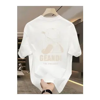 Geniş Kesim Pamuklu Tişört - GANDHI The Project Baskılı, Beyaz, Rahat Kesim, Kısa Kollu, Günlük Kıyafet, Her Gün Giyilebilecek Tişört- Beyaz