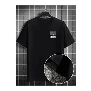 Erkek Dağ Grafikli Tişört, Yaz Için Büyük Beden Rahat T-shirt - Siyah