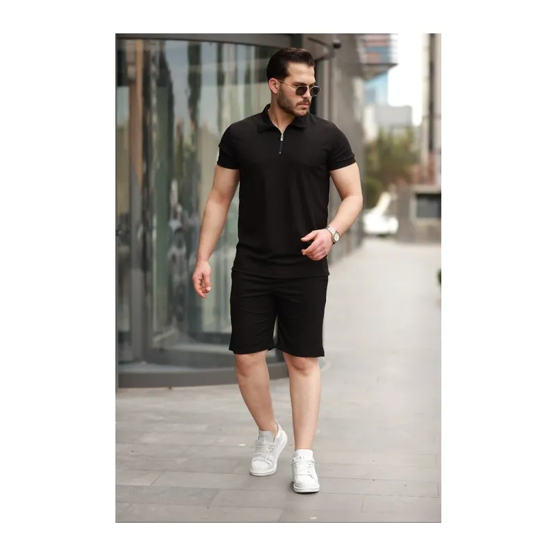 Erkek Yakalı Fermuarlı T-shirt şort Ikili Takım