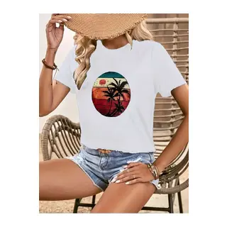 Kadın Kısa Kollu Palmiye Baskılı Viskon T-shirt