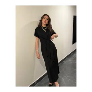 Kadın Kısa Kollu Bisiklet Yaka Yandan Bağlamalı Viskon Iki Iplik Elbise