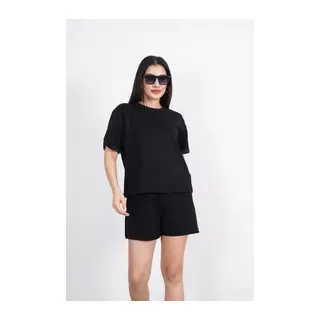 Osy Modal Yumuşak Dokulu Kumaş Bisiklet Yaka T-shirt Kısa Şort İkili Takım - Siyah
