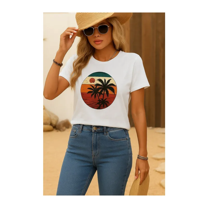 Kadın Kısa Kollu Palmiye Baskılı Viskon T-shirt