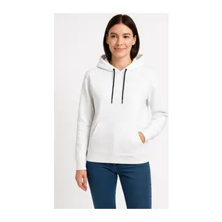 Üç İplik Kapüşonlu Kanguru Çepli SweatShirt Hoodie - Beyaz