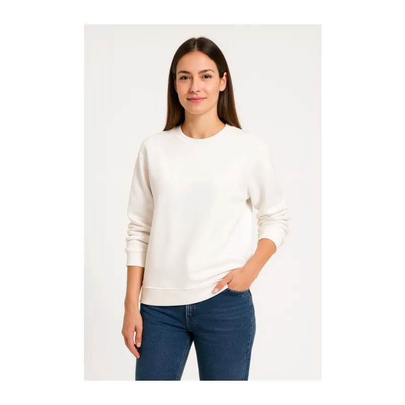 Üç İplik Düz Bisiklet Yaka SweatShirt - Beyaz