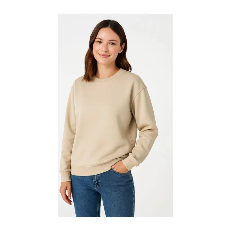 Üç İplik Düz Bisiklet Yaka SweatShirt - Bej