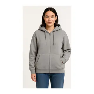 Üç İplik Kapüşonlu Tam Fermuarlı Kanguru Çepli SweatShirt Hoodie - Gri