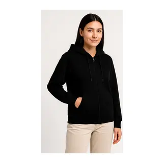 Üç İplik Kapüşonlu Tam Fermuarlı Kanguru Çepli SweatShirt Hoodie - Siyah