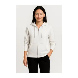 Üç İplik Kapüşonlu Tam Fermuarlı Kanguru Çepli SweatShirt Hoodie - Beyaz