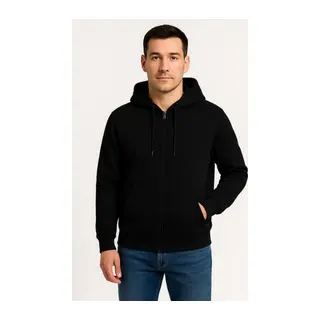Erkek Üç İplik Kapüşonlu Tam Fermuarlı Kanguru Çepli SweatShirt Hoodie - Siyah
