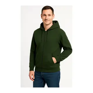 Erkek Üç İplik Kapüşonlu Tam Fermuarlı Kanguru Çepli SweatShirt Hoodie - Haki