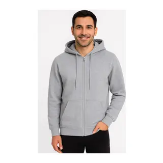 Erkek Üç İplik Kapüşonlu Tam Fermuarlı Kanguru Çepli SweatShirt Hoodie - Gri