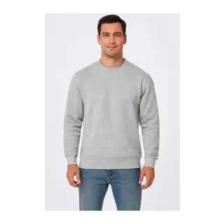 Erkek Üç İplik Düz Bisiklet Yaka SweatShirt - Gri