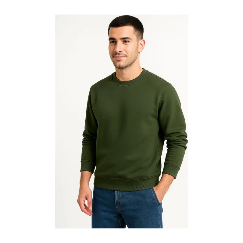 Erkek Üç İplik Düz Bisiklet Yaka SweatShirt - Haki