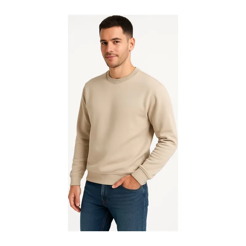 Erkek Üç İplik Düz Bisiklet Yaka SweatShirt - Bej
