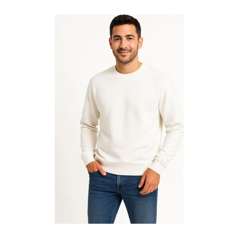 Erkek Üç İplik Düz Bisiklet Yaka SweatShirt - Beyaz