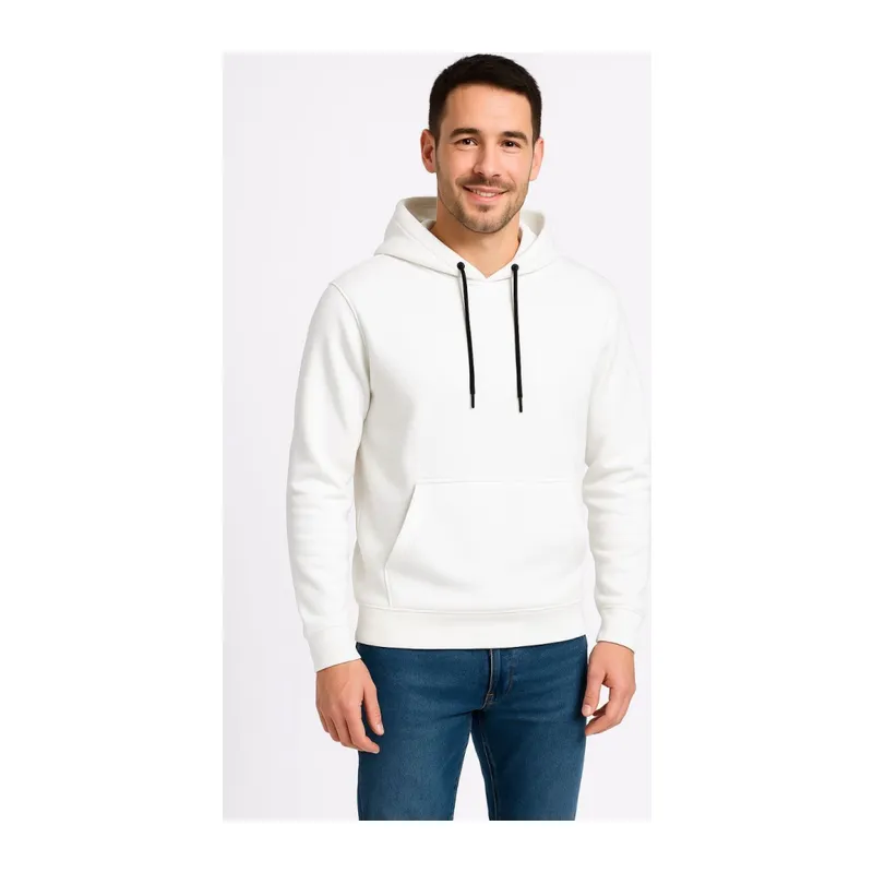 Erkek Üç İplik Kapüşonlu Kanguru Cepli SweatShirt Hoodie - Beyaz